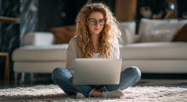Woman with curly hair and glasses sitting on rug, typing on laptop at home