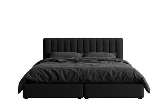 Wide black bed with matching dark bedding