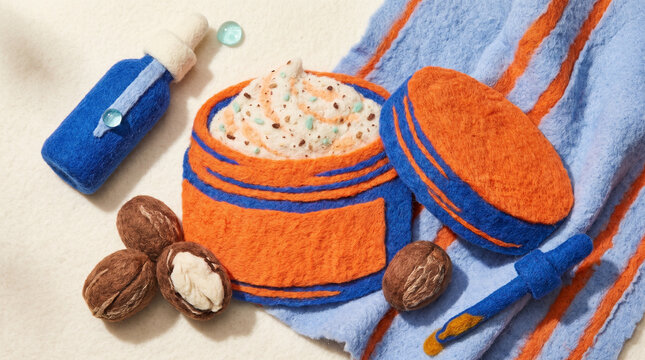 Exfoliating scrub in an orange jar with nuts and blue towel backdrop  