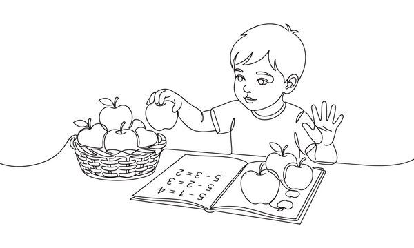 Continuous line of a young boy sitting at a table counting apples in a wicker basket and solving simple math equations in an open textbook on a white background