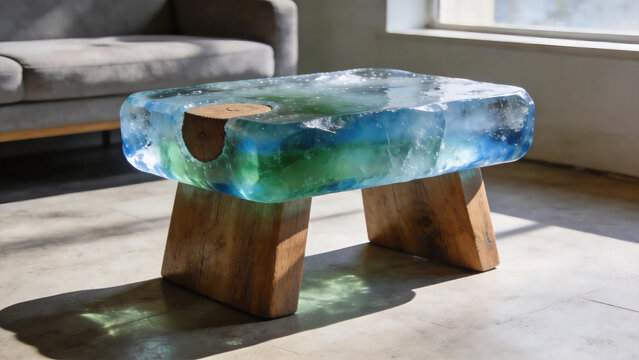 Modern ice-style coffee table with wooden legs in living room