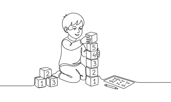 Continuous line of a young boy sitting on the floor and stacking wooden blocks numbered one through five while solving simple math equations on a piece of paper nearby
