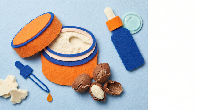 Shea butter cream jar with applicator and nuts on blue background  