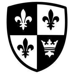 Heraldic shield design featuring fleur de lis and crown symbols in a black with shield quartered alternating black white crown icons © Vectscape