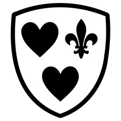 Black and white heraldic shield icon featuring two heart symbols and a central fleur de lis with heart shapes stylized shield with shield © Vectscape