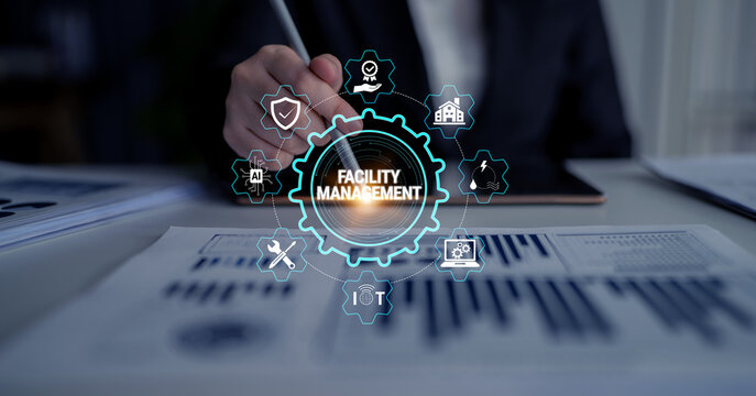 Innovative Facility Management Concept with Digital Interface and Data Analysis Charts on Office Desk for Modern Business Solutions Fluxor.