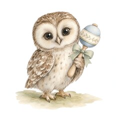 Obraz premium Watercolor Owl Holding Baby Rattle Nursery Illustration
