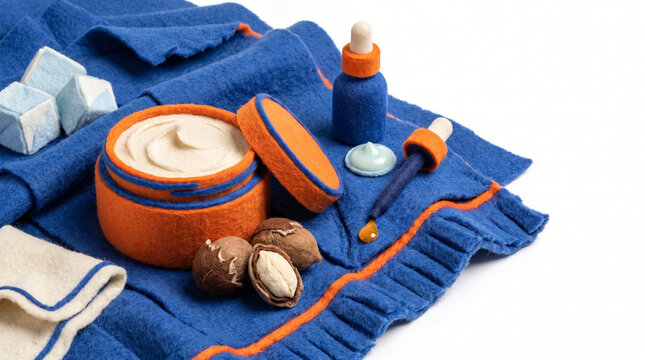 Skincare products arranged on a blue towel with decorative accents  