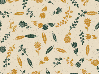 Obraz premium Linocut Botanical Leaves And Flowers Pattern Background