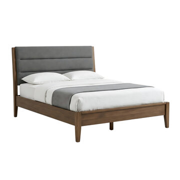 A modern wooden bed frame with a grey upholstered headboard and white bedding presented as an isolated object on transparent background isolated on transparent background