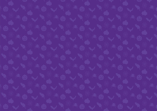 Purple Halloween Seamless Pattern with Spooky Cats, Ghosts, Pumpkins, and Bats