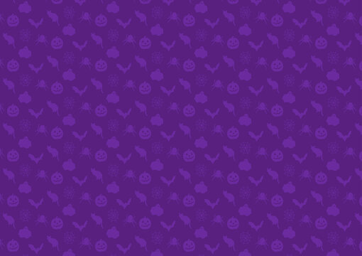 Purple Halloween Seamless Pattern with Spooky Cats, Ghosts, Pumpkins, and Bats