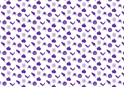 Purple Halloween Seamless Pattern with Spooky Cats, Ghosts, Pumpkins, and Bats