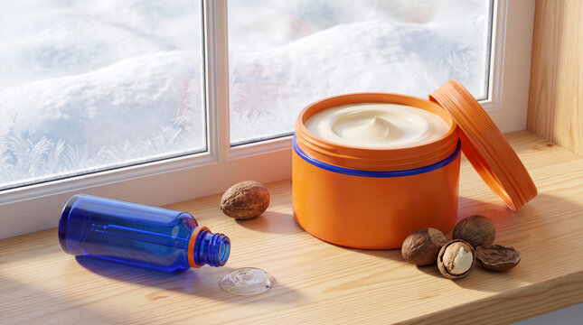 Skincare products on a wooden sill near a snowy window  