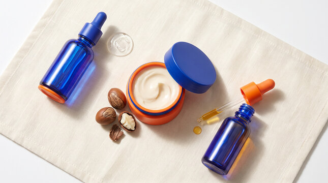 Skincare products with oils and cream on a neutral background  