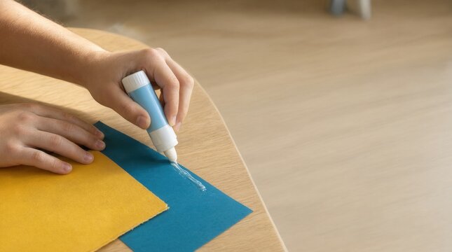 Child hands gluing blue and yellow paper with glue stick on wooden table, creative craft project, DIY art activity for kids.