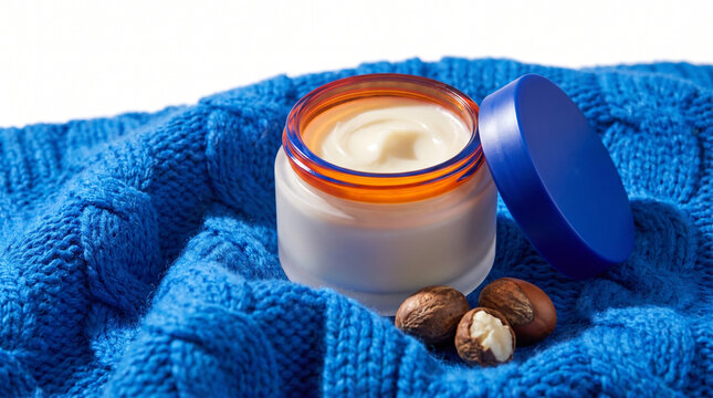 Skincare cream in jar on blue knitted blanket with nuts  