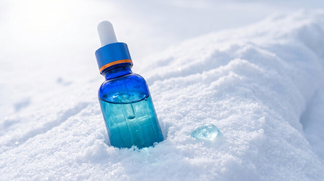 Hydrating serum bottle resting in snow landscape  