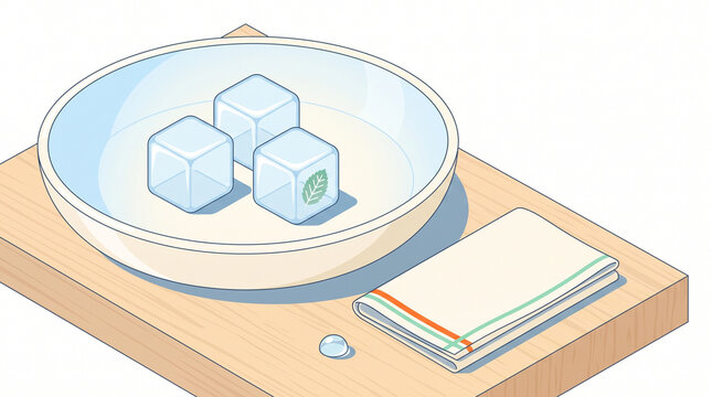 Ice cubes in a bowl on a wooden surface with a folded towel  