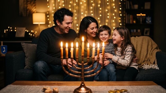 Happy family celebrating Hanukkah lighting menorah candles and playing dreidel at home
