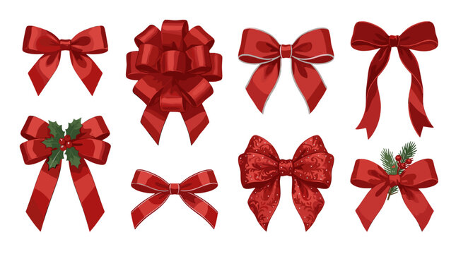Collection of festive red bows and ribbons for holiday decoration and gift wrapping