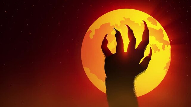 Dark Halloween motion background of a werewolf claw silhouette against a glowing full moon, red night sky, stars and atmospheric horror lighting.