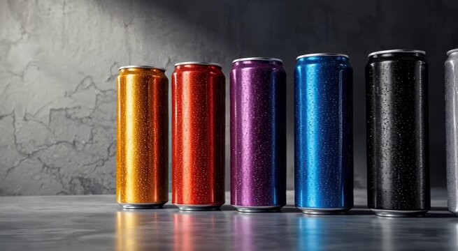 Shiny metallic glittered tall beverage cans in vibrant colors lined up under a dramatic studio spotlight on a dark concrete surface