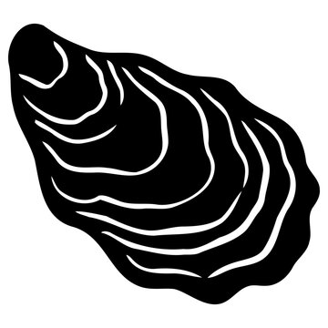 Black silhouette of a single oyster shell with textured organic ridges shown in a minimalist style with ridges contours illustration
