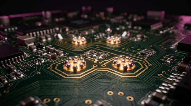 Advanced electronic circuit board technology | Abstract futuristic microchip hardware concept | Glowing computer motherboard components macro | Cybersecurity and data processing visualization