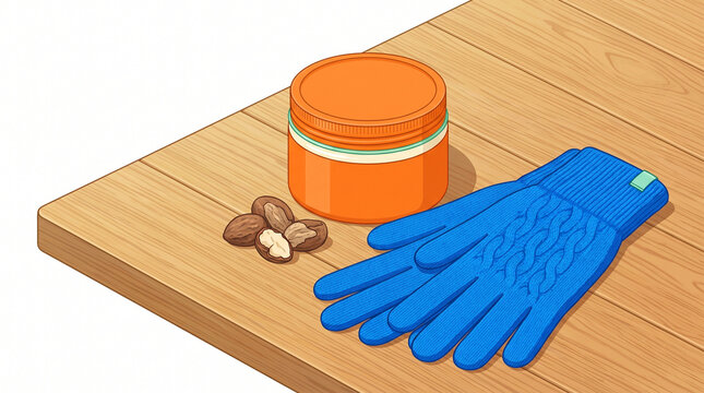 Blue gloves and hand cream with nuts on a wooden table  