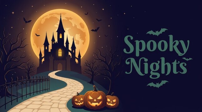 Spooky gothic castle silhouette featuring glowing yellow windows set against a massive full moon with eerie carved orange pumpkin lanterns