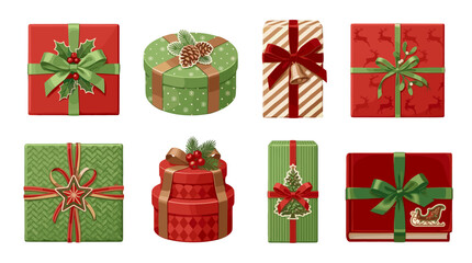 Obraz premium Collection of christmas gift boxes with festive decorations and ribbons