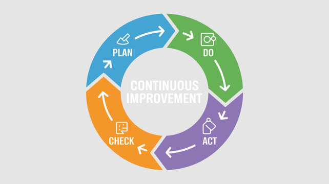 Continuous Improvement Cycle Diagram: A circular diagram illustrating the Plan-Do-Check-Act cycle, representing the methodology for continuous improvement in business and industry.