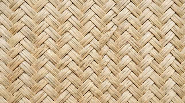 Close up of a natural woven rattan texture with a diagonal herringbone pattern for background design
