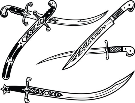 Collection of stylized curved swords and scimitars in a graphic illustration style