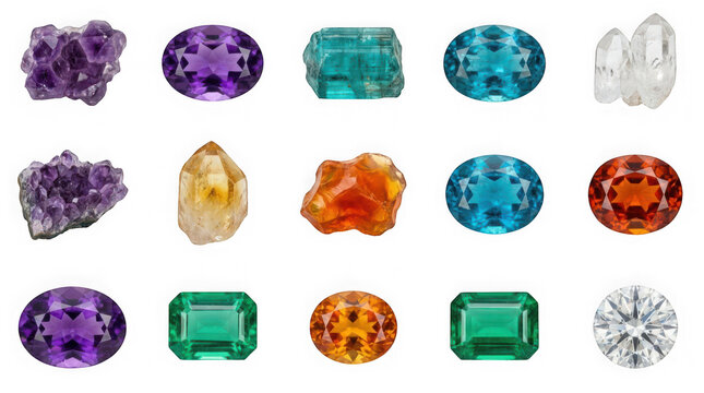Collection of various colorful gemstones and crystals isolated on transparent background