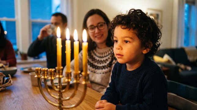 Young boy watches Hanukkah menorah candles burn brightly during family gathering at home