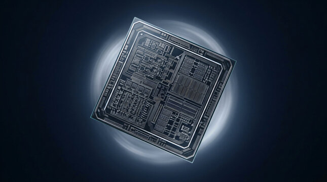 High tech computer chip with circuit patterns | Futuristic semiconductor technology background | Microchip processor close up on dark background | AI hardware and digital computing power