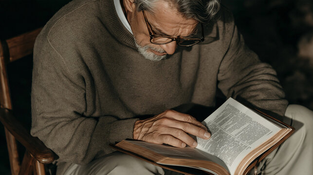 Elderly man reading holy book at wooden table