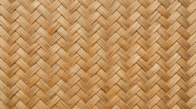 Close up of a natural woven bamboo mat texture with a detailed herringbone pattern