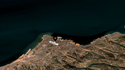 Obraz premium Beirut Lebanon aerial 3D satellite view with black location pin and city label, Mediterranean Sea coastline, airport, port and mountains, Middle East capital