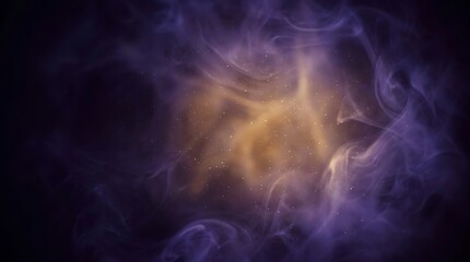 Obraz premium Mysterious purple smoke swirling around a bright golden light source featuring tiny floating particles in a dark atmospheric background setting during evening hours