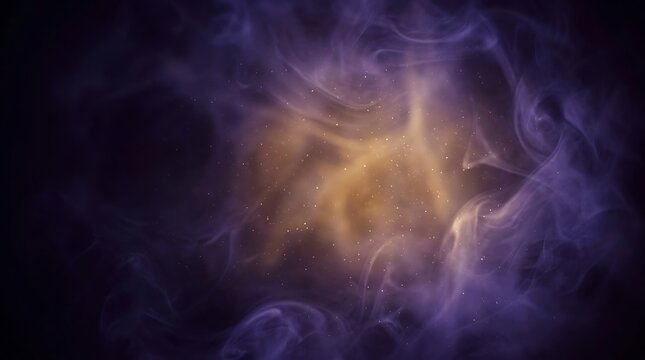 Mysterious purple smoke swirling around a bright golden light source featuring tiny floating particles in a dark atmospheric background setting during evening hours