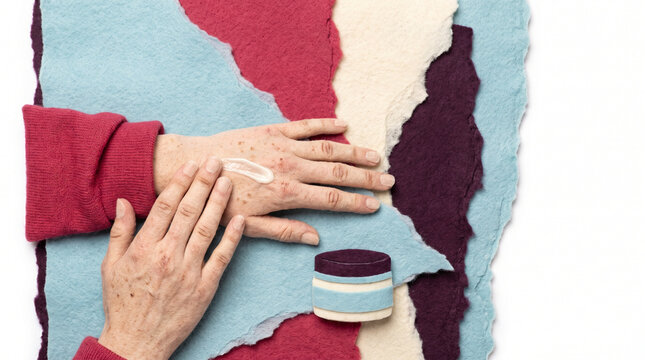 Person applying cream to dry skin on hands with colorful backdrop  