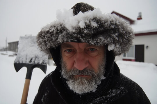 Portrait of a mature man with a beard wearing a fur hat covered in snow holding a shovel in winter