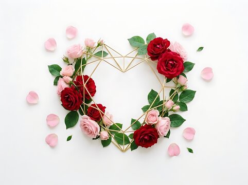 Floral ornament of roses and geometric frame rests on a white surface