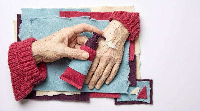 Hand applying moisturizing lotion to dry skin on textured paper background  