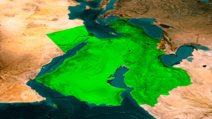 Middle East region highlighted in green on 3D satellite terrain map with text label, Arabian Peninsula, Iran, Turkey, Egypt and Levant geography © habib billah