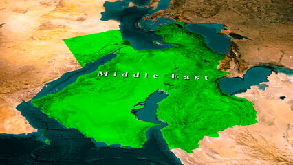 Middle East region highlighted in green on 3D satellite terrain map with text label, Arabian Peninsula, Iran, Turkey, Egypt and Levant geography © habib billah