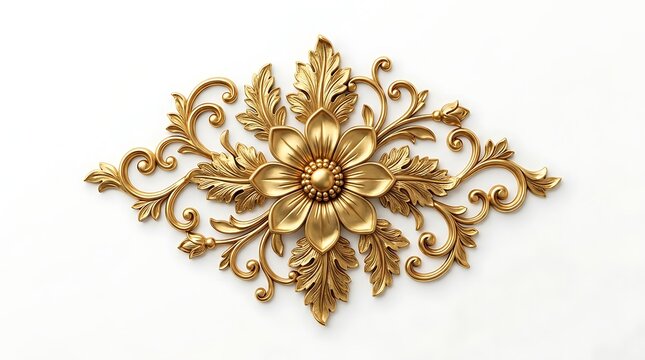 Golden floral ornament with intricate filigree isolated on white background